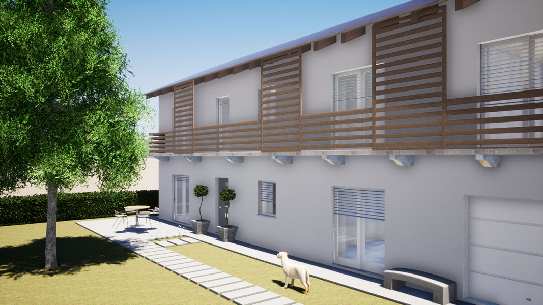 render esterno progetto progettazione idea progettuale architetto professionista balcone ringhiera frangisole legno cortile area verde