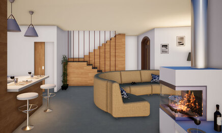 Render progetto interni ahora architettura studio Almese appartamento Caprie soggiorno