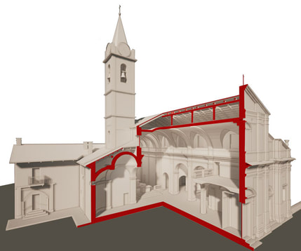 3D assonometria spaccato render modello modellino chiesa sezionato sezione volume chiesa