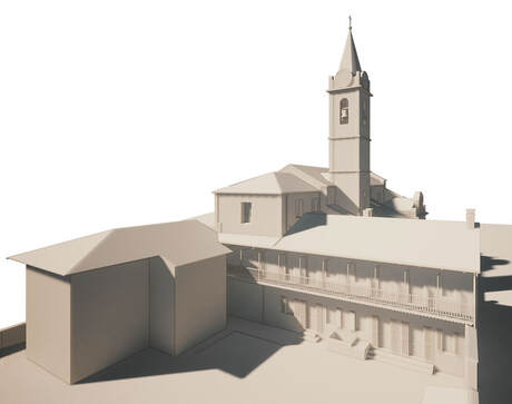 Modellazione 3D parrocchia Rivera cortile campanile chiesa catechismo