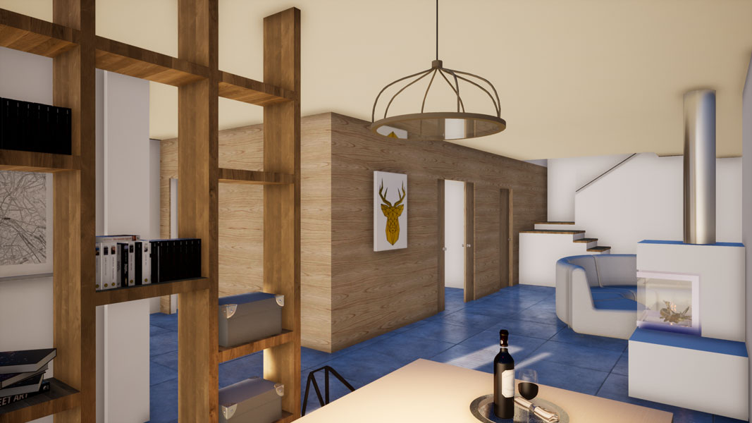 Sala render parete legno progettazione architettonica ahora architettura studio interni 