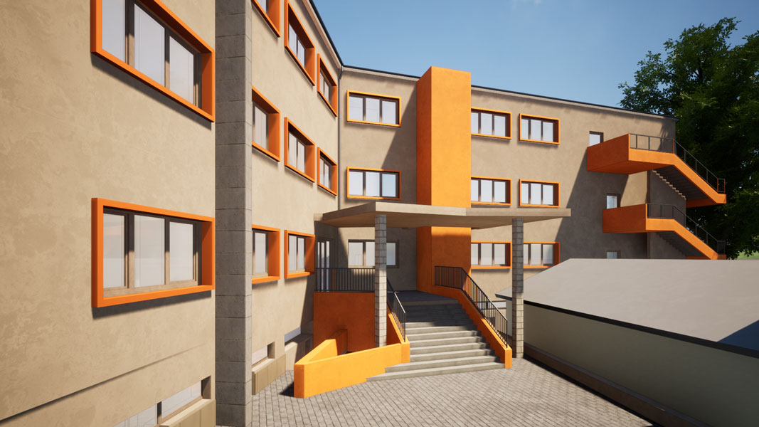 Scuola Arancione continuità colore lamiera arancione infissi legno progettazione sostenibile bio Casa Clima lana di roccia ahora architettura